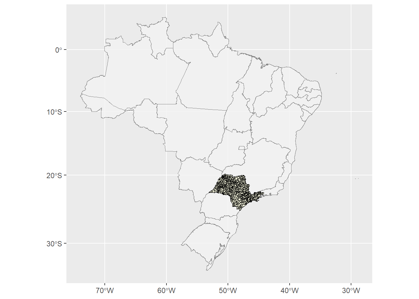 Mapa do Brasil com os limites das Unidades das Federações e municípios da UF São Paulo