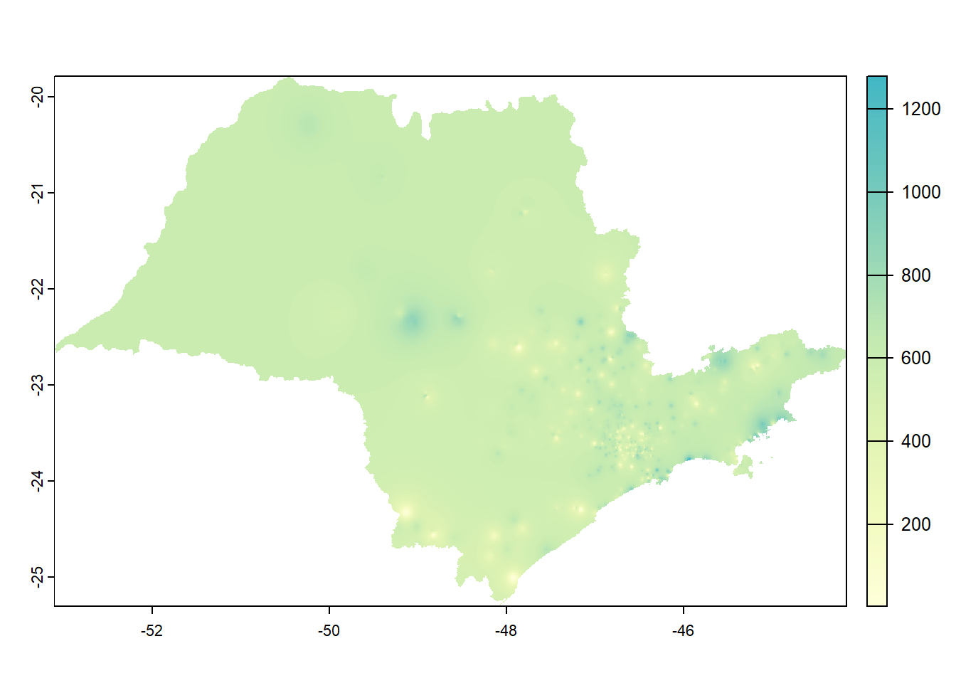 Precipitação (mm) segundo Interpolação pela Ponderação pelo Inverso da Distância (IDW)