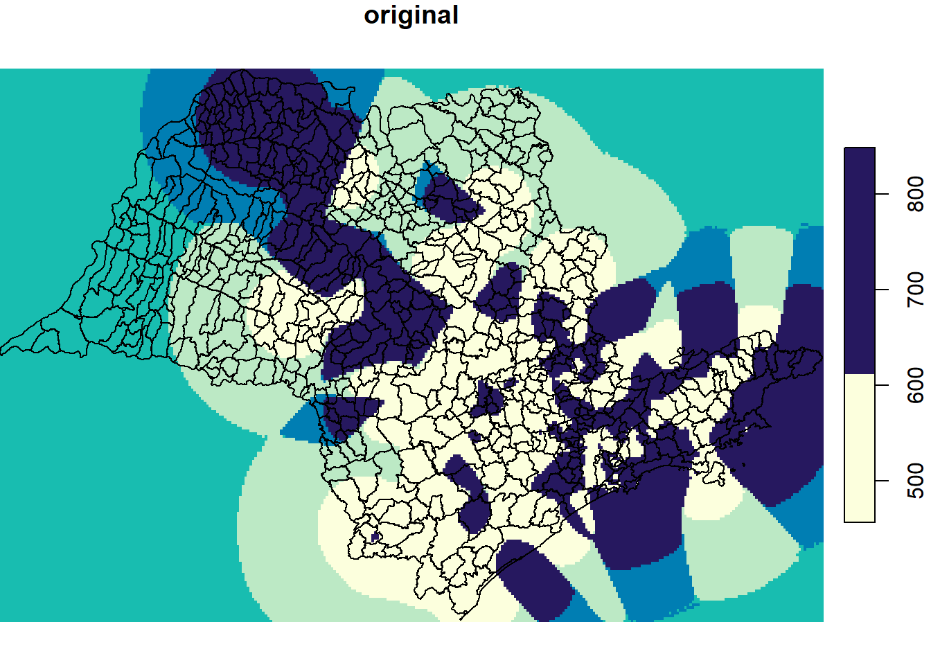 Resultado da interpolação por Krigagem Ordinária, com valores originais