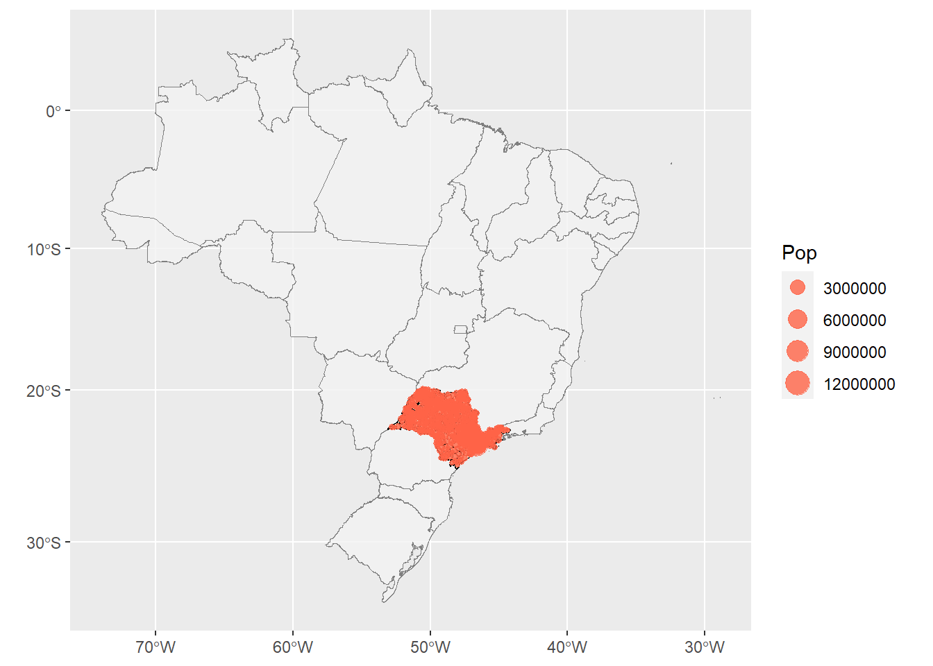 Mapa do Brasil com os limites das Unidades das Federações e população dos municípios da UF São Paulo