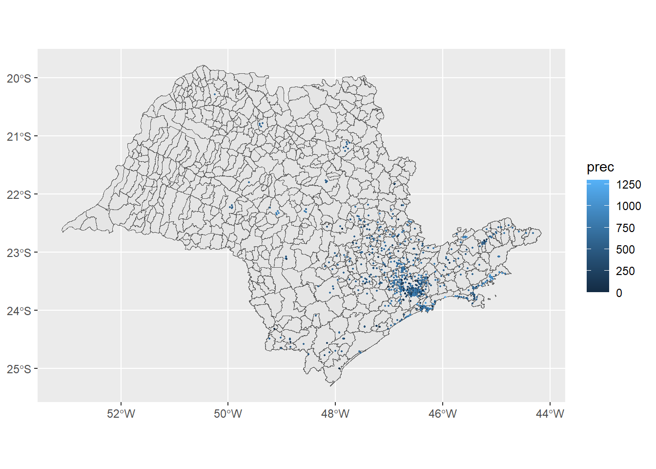 Distribuição dos postos climatológicos e valores de precipitação (mm) no Estado de São Paulo