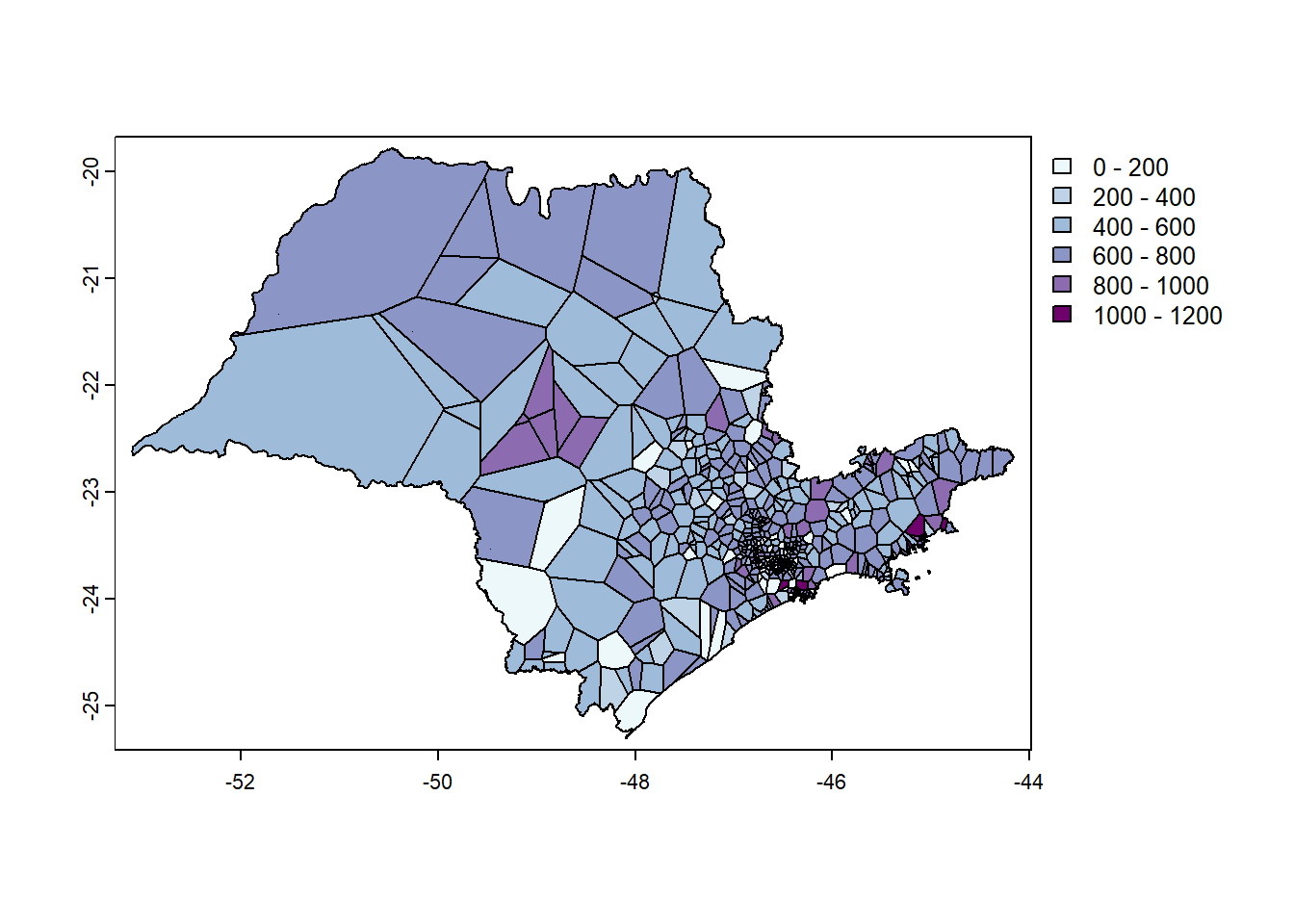 Precipitação (mm) segundo polígonos de Voronoi no Estado de São Paulo