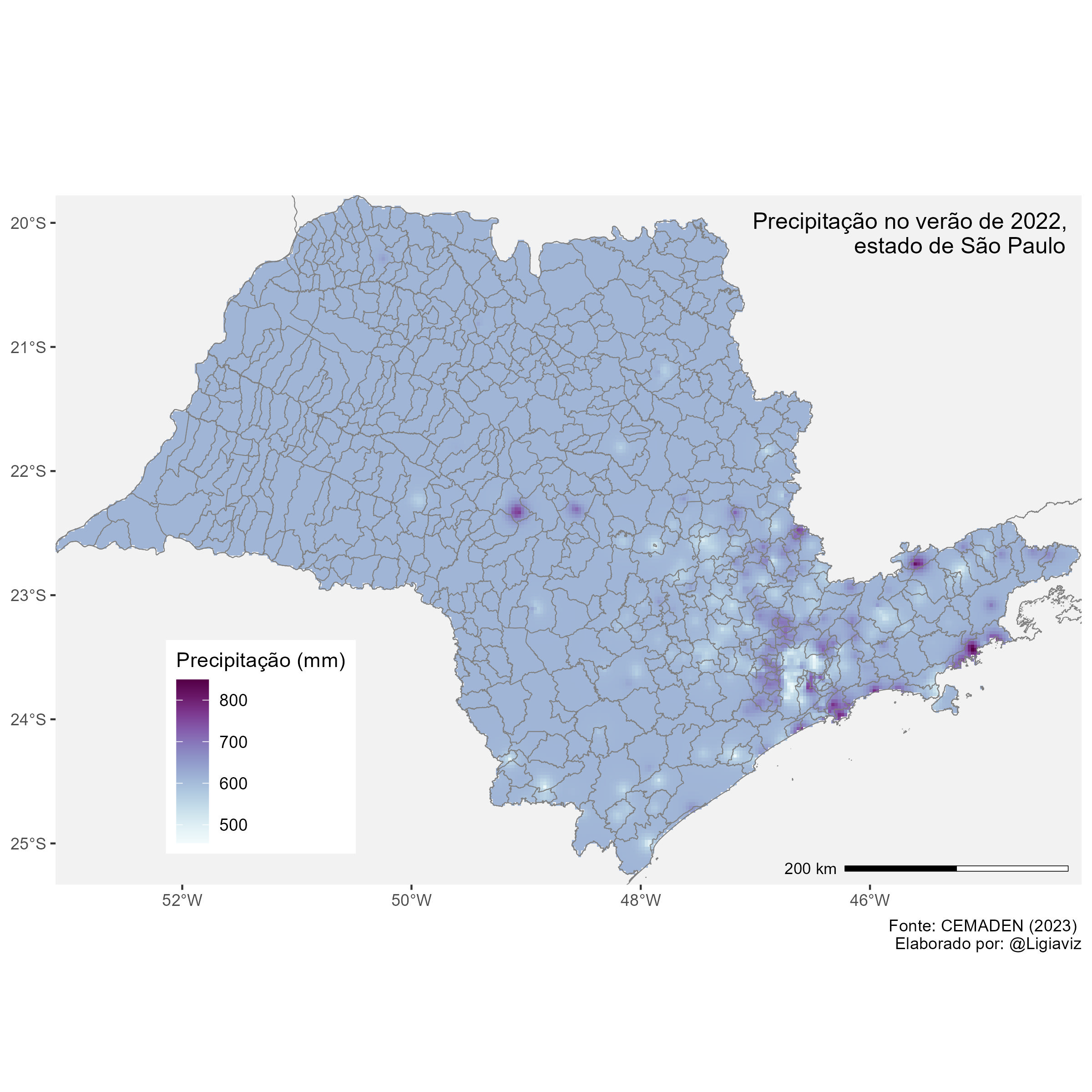 Mapa isarítmico da precipitação do verão de 2022, no estado de São Paulo, a partir de Krigagem Ordinária